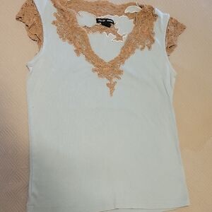 Cha Cha Vente Cream and Tan Lace Blouse